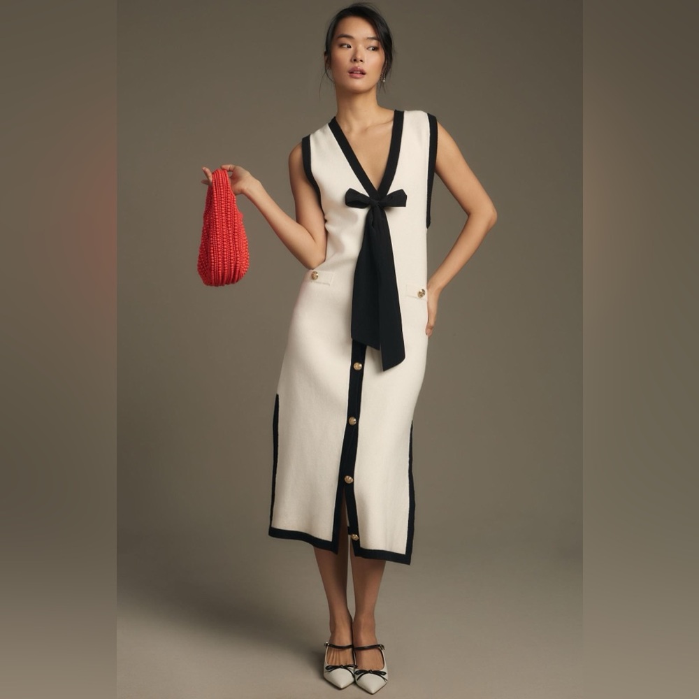 Anthropologie Cream and Black Knit Midi Dress with Bow